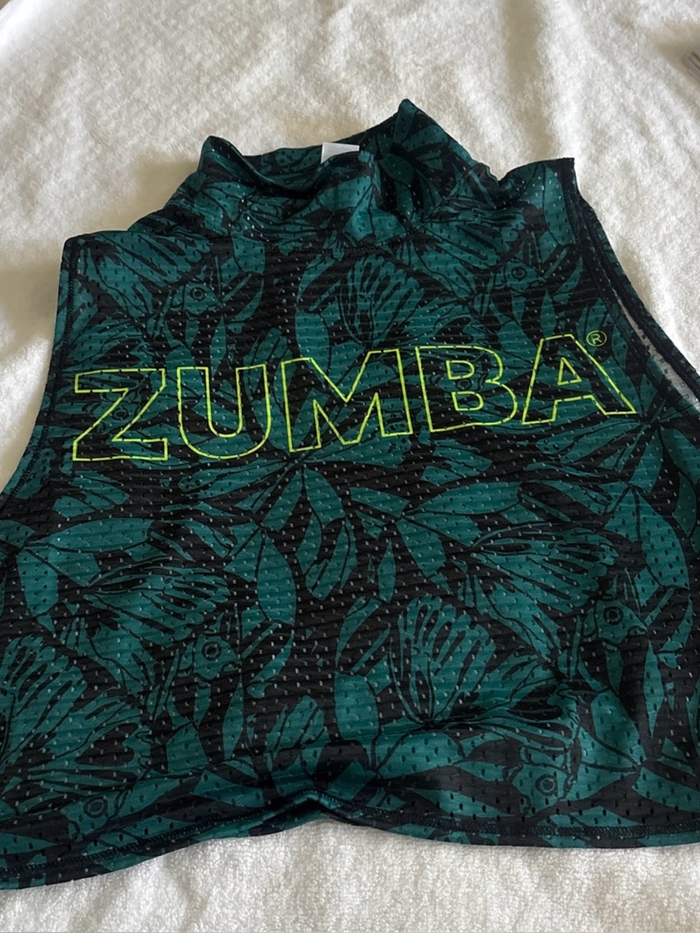 Zumba Fitness Teal and Black Leaf-Print High Neck Crop Top with Neon Yellow Logo